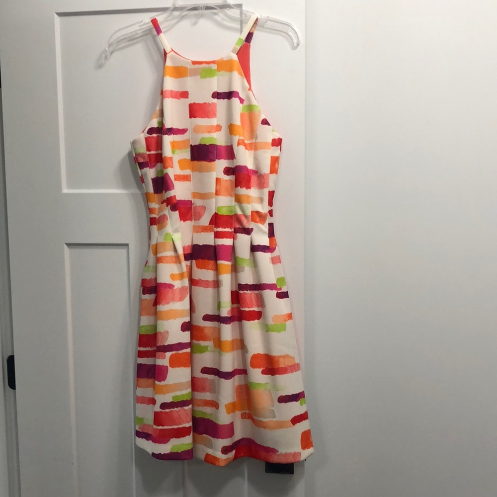 Vince Camuto multi colored sleeveless midi fit and flair dress